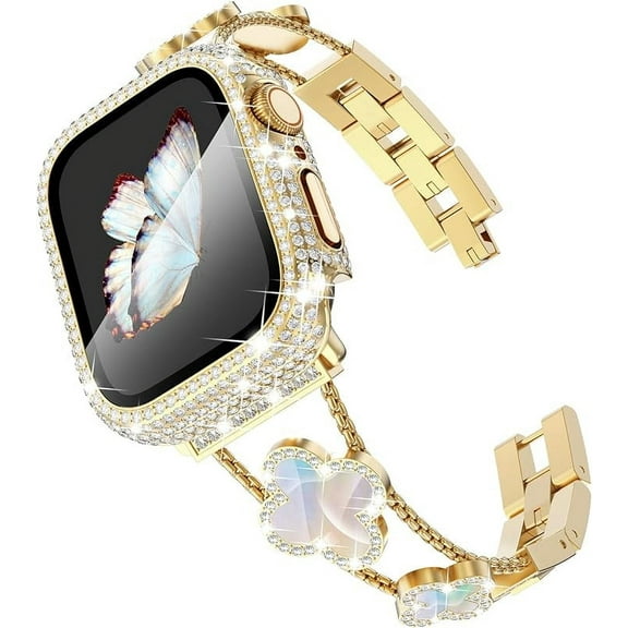 PINSAI Compatible with Gold Apple Watch Bands 40mm for Women, Jewelry Diamond Rhinestone Stainless Steel Metal Wristband Strap with Bling PC Protective Case for iWatch Series