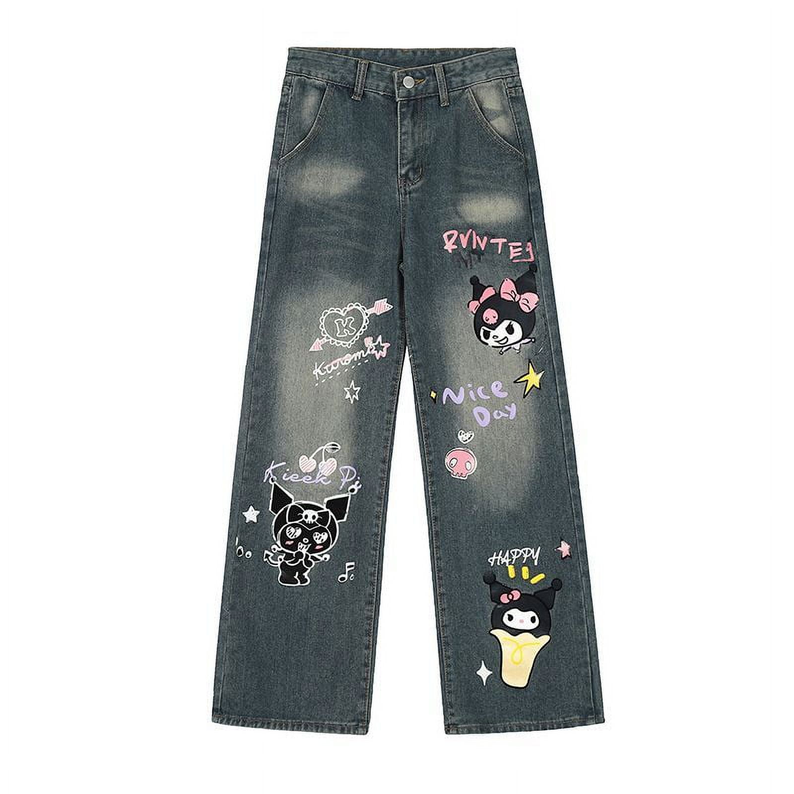 Sanrio Kuromi Cartoon Vintage Graffiti Jeans for Women with High