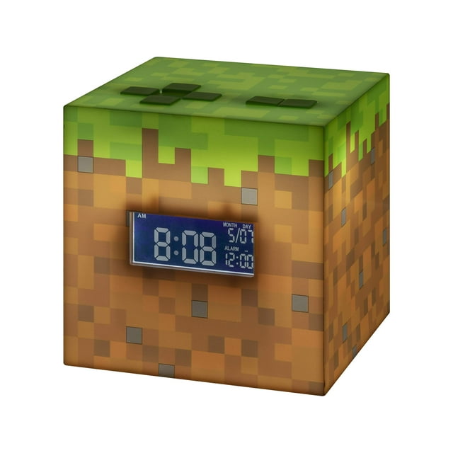 Paladone Minecraft Grass Block Reloj despertador digital, función de lámpara iluminada, reproduce música oficial en el juego, decoración de dormitorio para jugadores de Minecraft