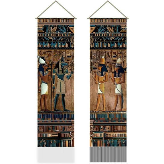 2Pcs Ancient Egyptian Murals Tapestry Egypt Religion Historical Mythology Pharaohs Hieroglyphic Tapestry Hanging Tassel Tapestry (45.7x13 Inch)