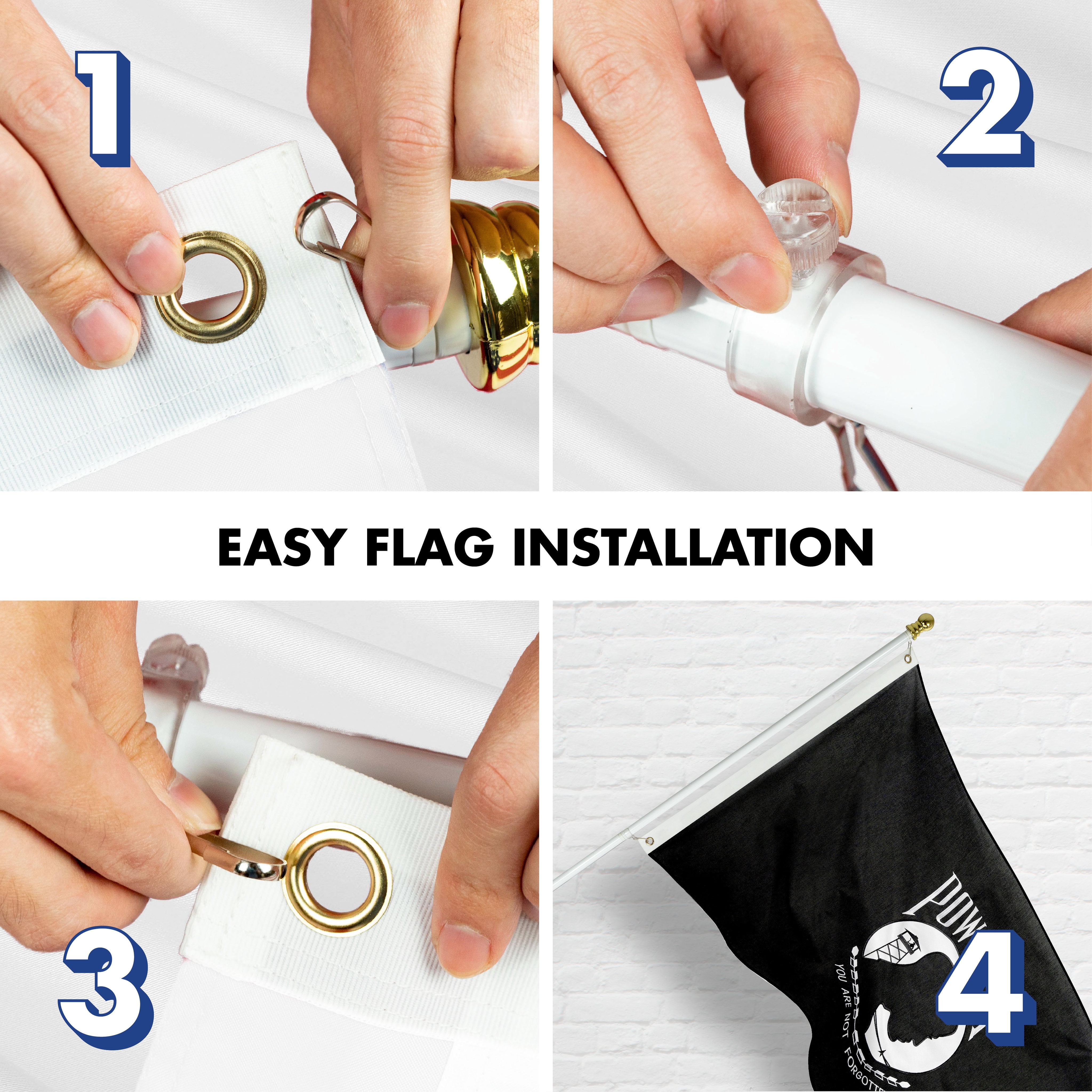G128 Flag Pole 5 FT White Tangle Free & POW MIA Flag Emb 2.5x4 FT Combo Embroidered Spun Polyester
