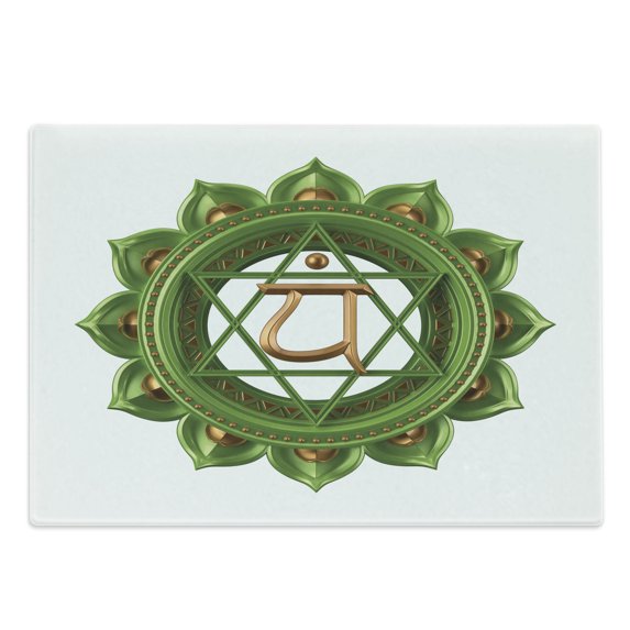 Colorful Cutting Board, Circular Oriental Style Earth Core Form Balance and Harmony in Cosmos Theme, Decorative Tempered Glass Cutting and Serving Board, Large Size, Green Brown, by Ambesonne