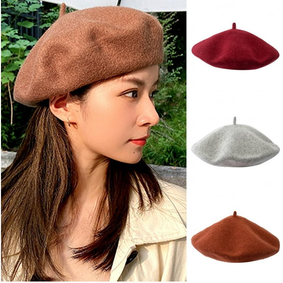 Visland Vintage Women Girl Autumn Winter Solid Color Warm Woolen Beret Hat Cap Gift