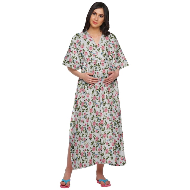 Moomaya Robe Longue Maxi de Maternité Imprimée pour Femmes, Kaftan Boutonné en Coton