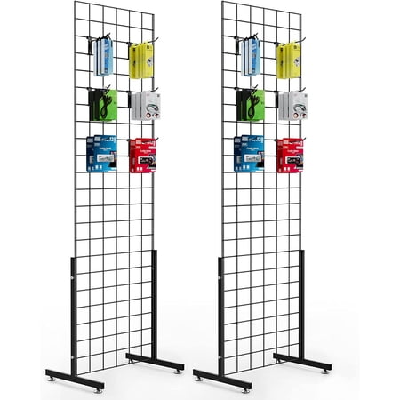 Bonnlo 2' x 6' Standing Grid Panel Tower, Thicker 5mm Wire, 180 LBS Weight Capacity Grid Wall with T-Legs, Grid Rack for Retail Display with Extra Hooks (2)
