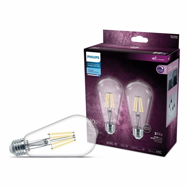 PHILIPS 4.5W ST19 Medium Base Daylight LED Light Bulbs Vintage- Clear Glass, 2 Pack