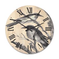 Designart 'Vintage Black and White Sleeping Crows' Traditional Wood Wall Clock
