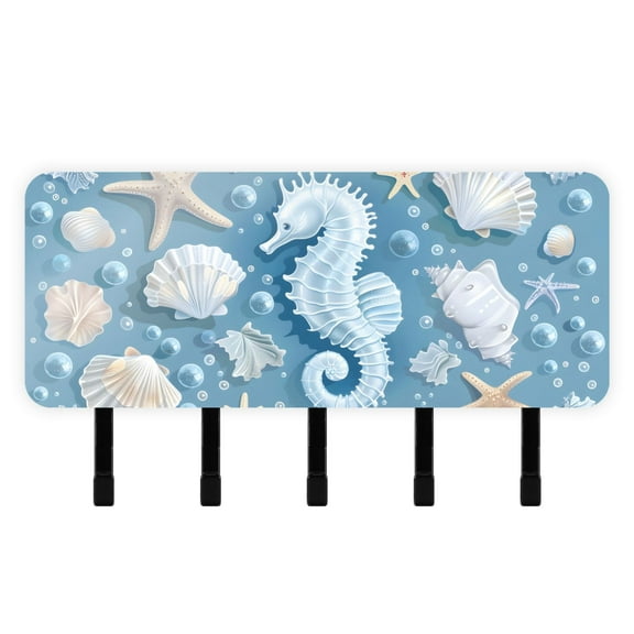 Hippocampus Starfish Shells Mail Holder Organizer Wall Mount with Shelf Key Holder Key Rack with 5 Key Hooks for Wall Decorative