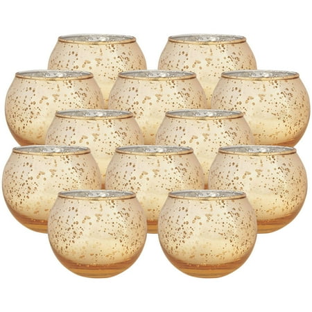 Mercury Glass Set Just Artifacts Set of 12 Round Mercury Glass Votive Candle Holder Speckled Gold- Mercury Glass Votive Tealight Candle Holders for Weddings, Parties and Home Decor ()