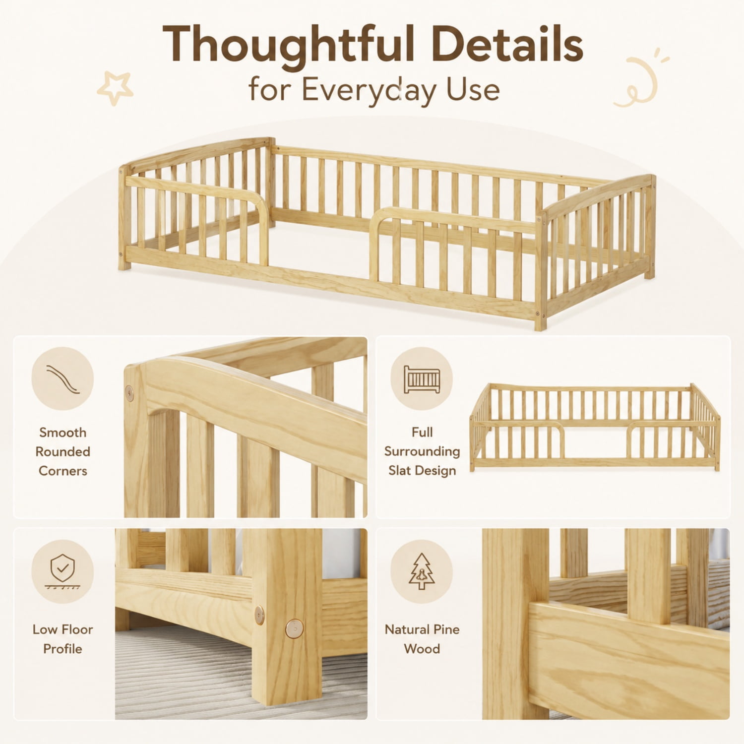 Miniyam Twin Kids Floor Bed with Guardrails, Pine Wood Montessori Bed Frame with Rounded Opening, Natural