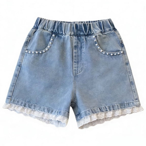 Girls Denim Shorts with Lace Trim & Elastic Waist, Soft Blue Cotton Shorts for Kids Little Kids,Size 6 T