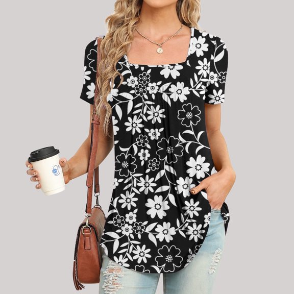 Babysbule Women's Fashion Printed Casual Square Neck Short Sleeve Loose Womens Summer Tops