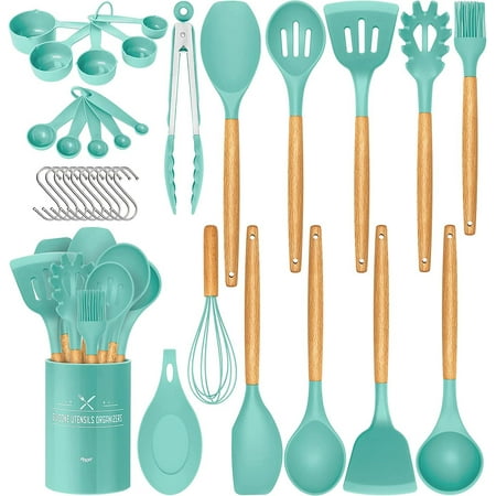 

33 PCS Silicone Cooking Utensils Set Kitchen Utensils Spatula Set with Holder Wooden Handles Heat Resistant & BPA Free & Non-Toxic -Best Kitchen Gadgets Tools for Cookware(Green)