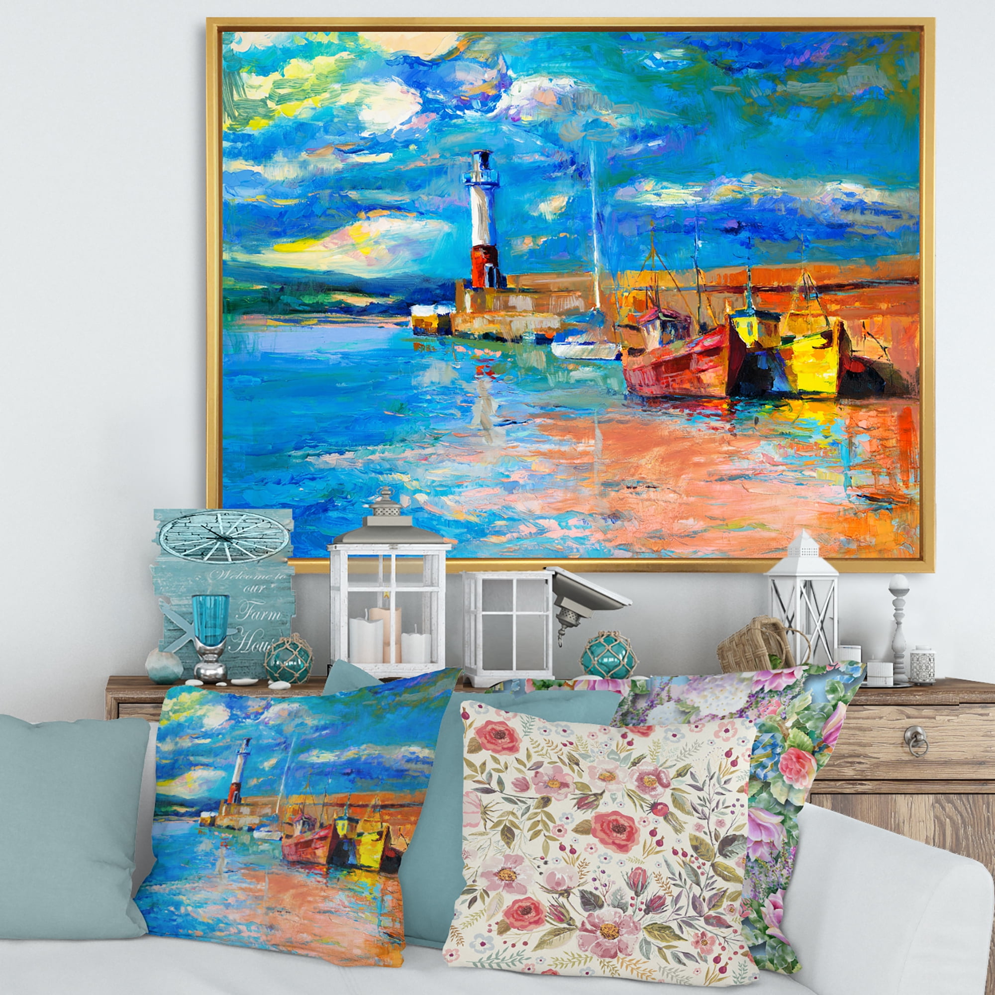 Designart 'Lighthouse By The Shore In Evening Glow ' Nautical & Coastal Framed Canvas Wall Art Print
