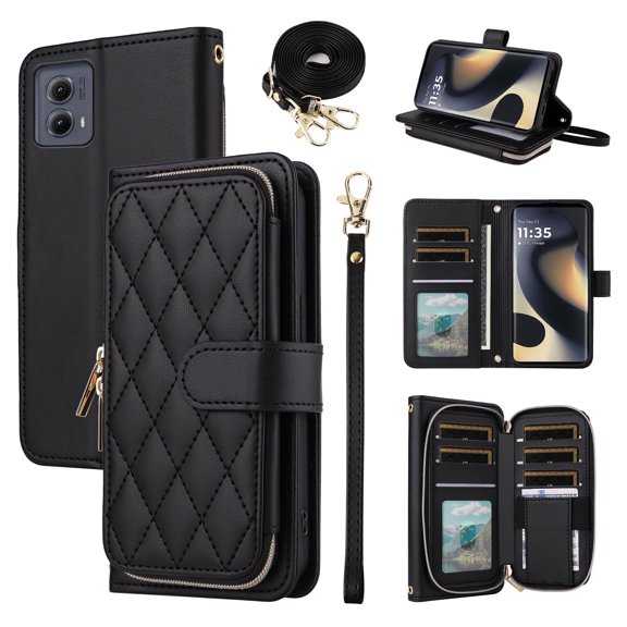 Furiet Argyle Wallet Case for Motorola Edge 5G 2024 with Wrist Strap Shoulder Strap Card Slot Zipper Purse Luxury PU Leather Stand Checkered Cell Phone Cover for Moto Edge2024 Women Girls Black