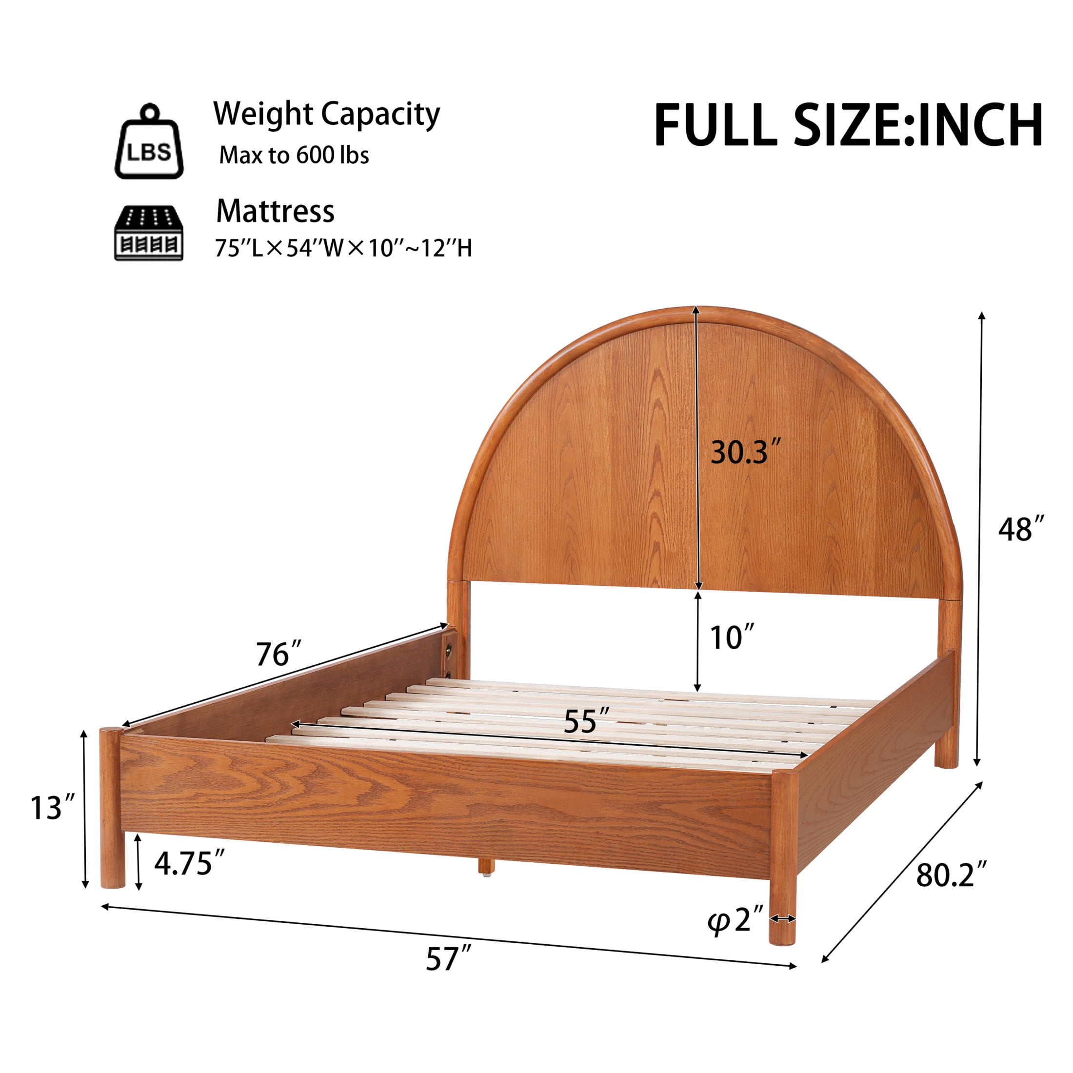 Christopher Knight Home Full Platform Bed Frame with Arched Headboard, Rubberwood, Light Brown
