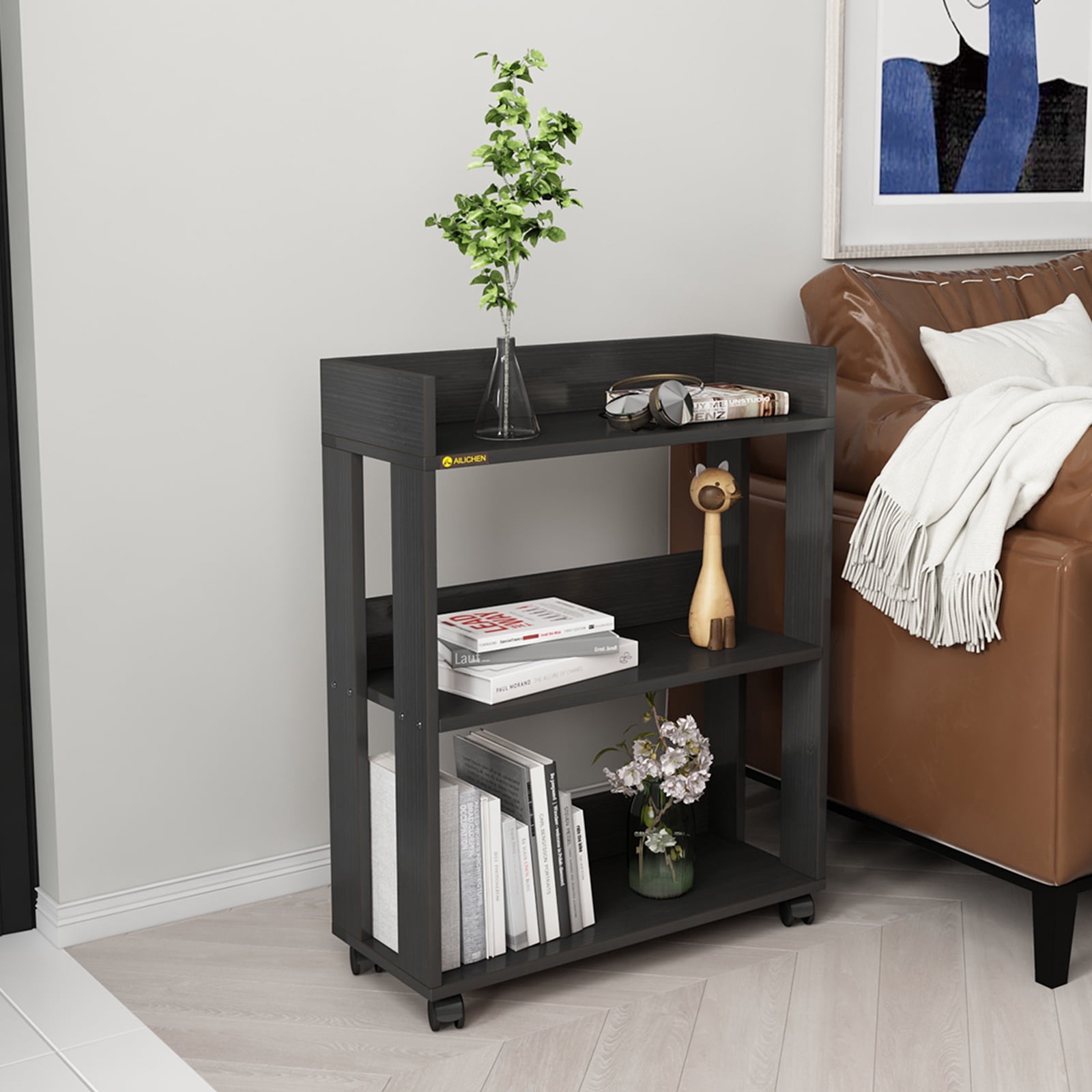 ALISENED 3 Tier Bookshelf and Bookcase with Wheels, Wood Small Nightstand, End Table Storage Rack