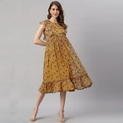 Janasya Summer Boho Round Neck Short Sleeve Floral Mustard Poly Georgette Flowy Midi Dress For Women