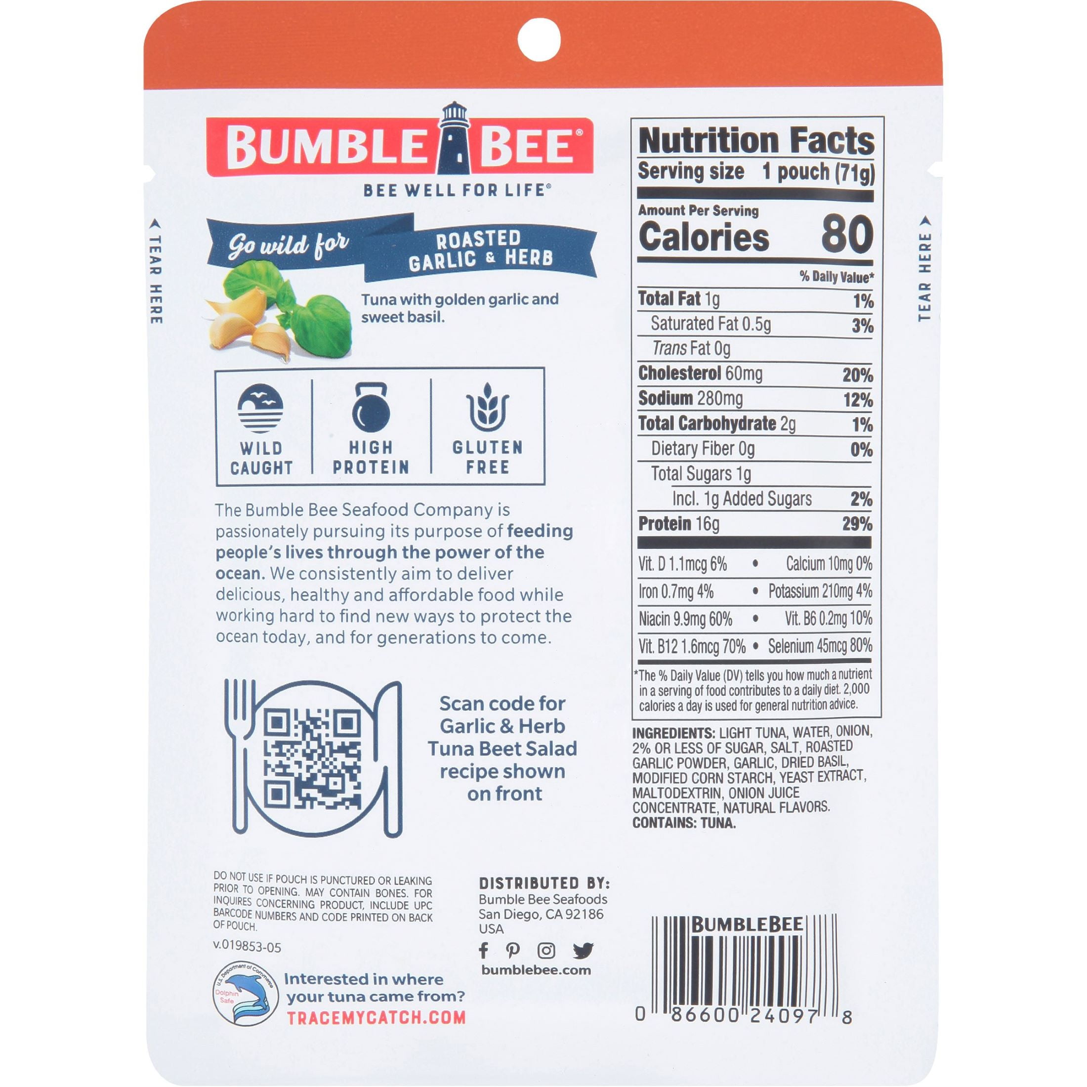 (12 pack) Bumble Bee Roasted Garlic & Herb Seasoned Light Tuna, Wild Caught, Gluten Free, 16g Protein per Serving, Shelf Stable Pouch, 2.5 oz