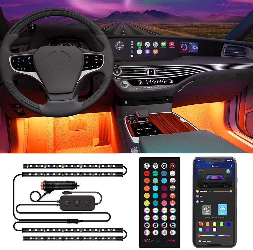 DC 12V Multicolor Music Under Dash Lighting Kits Remote Control Waterproof for iPhone Android Phone 4pcs 60 LED APP Controller Car LED Strip Lights Car Interior Lights Car Charger Included 
