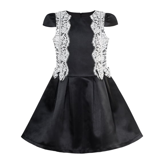 Girls Dress Black White Color Contrast Lace Bow Tie 6
