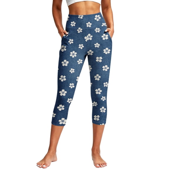 TaTaai Womens Printed Slim Fit Capri Leggings Yoga Pants with Pockets High Waist Stretchy Trousers Bottoms for Daily Gym