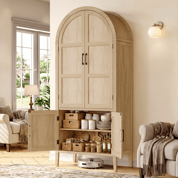 71" Tall Wooden Arched Kitchen Pantry Cabinet, 5-Tier Storage Cabinet with Doors and Adjustable Shelves, Farmhouse Arched Cupboard with Adjustable Feet for Kitchen, Dining Room, Living Room, Oak