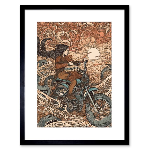 Ride the Wind Warrior on Motorcycle Illustration Artwork Framed Wall Art Print 9X7 Inch