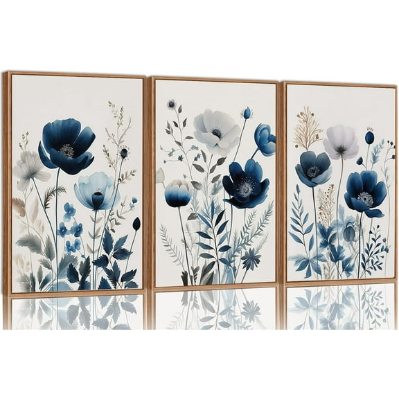 FCCUYE Navy Blue Wall Art Canvas Abstract Floral Painting Blue and Gray Posters Watercolor Flower Decor Wildflower Pictures Botanical Prints for Living Room Bedroom Bathroom 3 Pcs 12x16in d