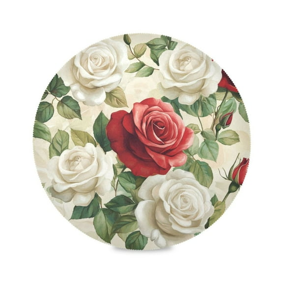 WOBOGO Red White Rose Pattern Round Placemats Set of 6 Heat Resistant Washable Kitchen Table Decorations 15.4in