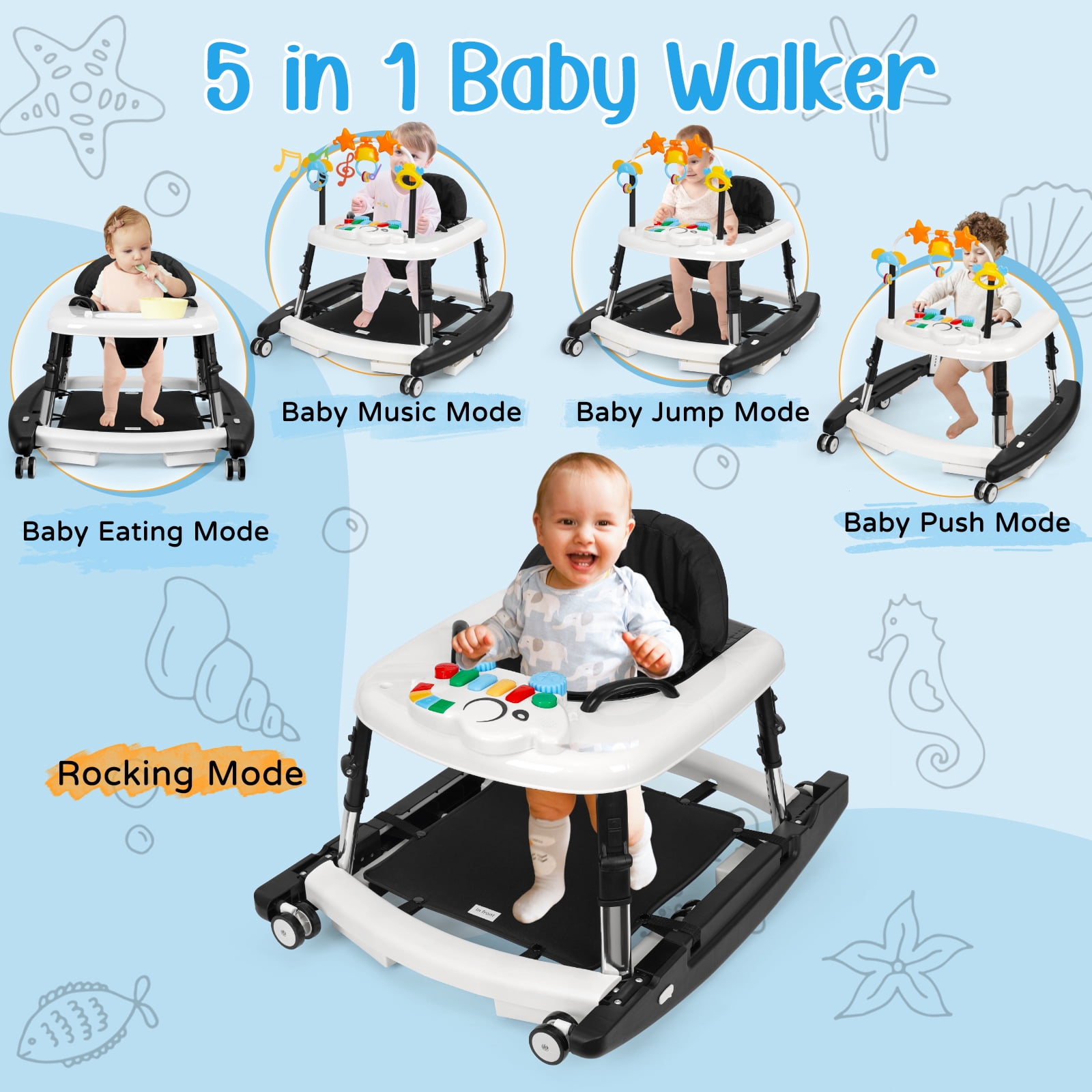 XIOYIG 5 in 1 Baby Walker, Music and Lights Walker for Baby Boy Girls 6-18 Months, Foldable Baby Walkers with Wheels and Bouncer Combo Portable, Toddler Infant Walker with Adjustable Height,Black