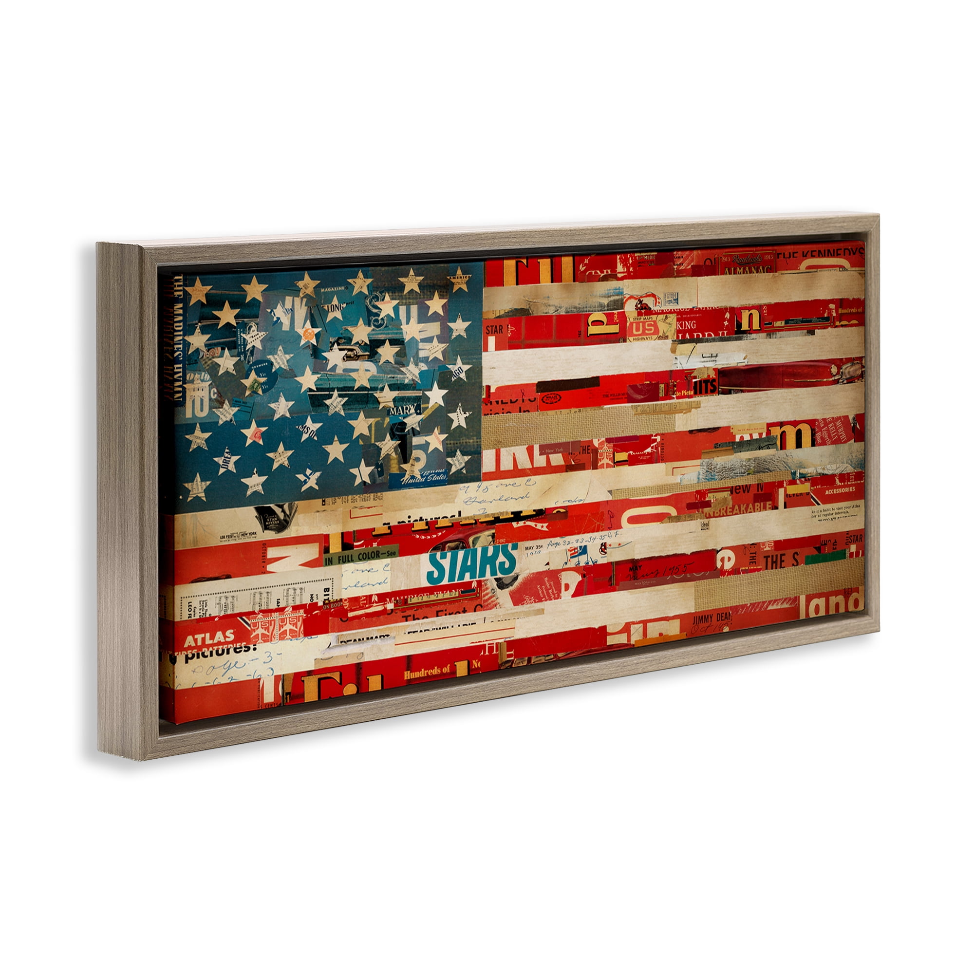 Stupell Industries Patriotic Collaged Flag Patriotic Painting Brown Floater Framed Canvas Art Print Wall Art, 31 x 14