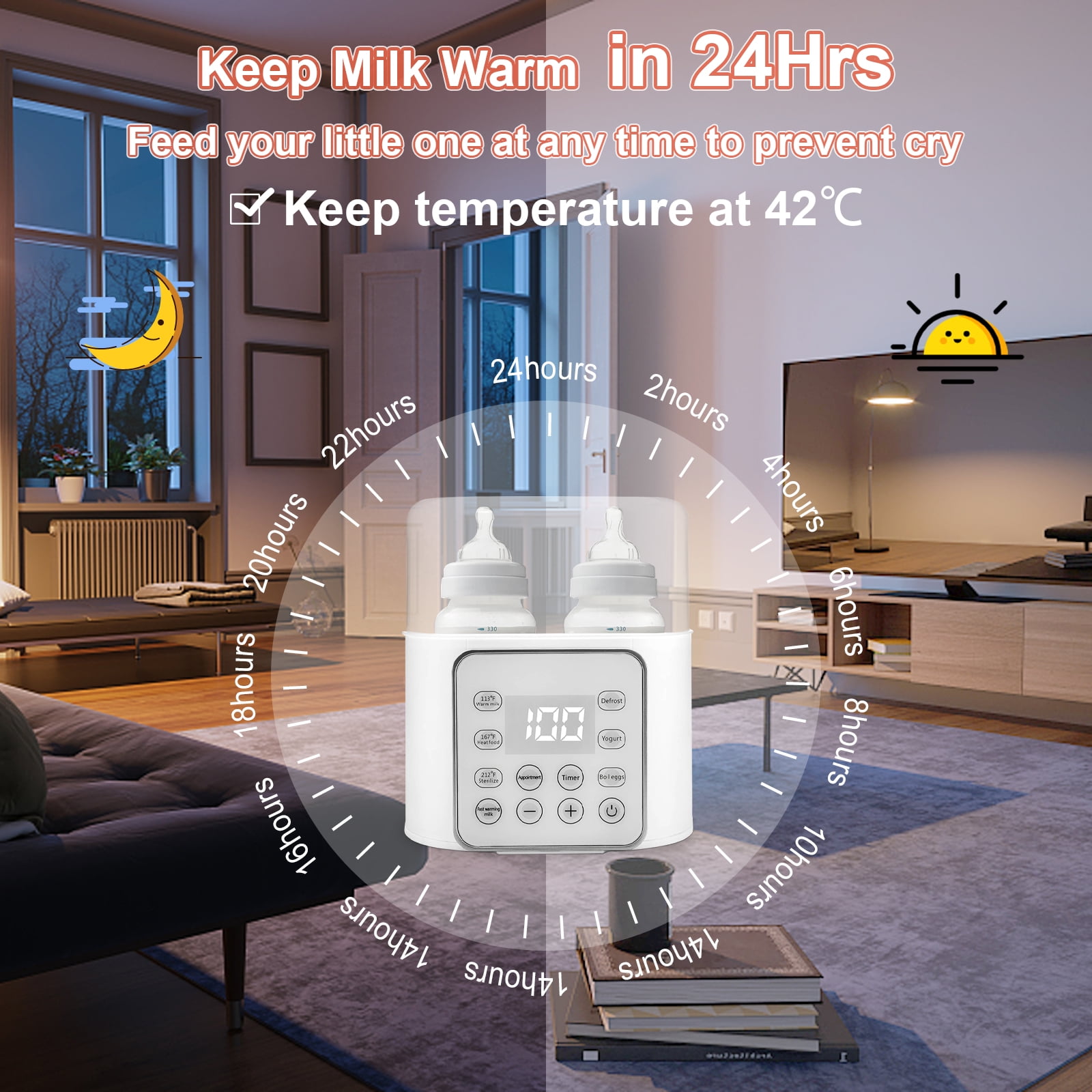 Baby Bottle Warmer, 9-in-1 Fast Milk Heating, Food Heating & Defrosting, 2 Bottle Breastmilk or Formula Warmer with Timer