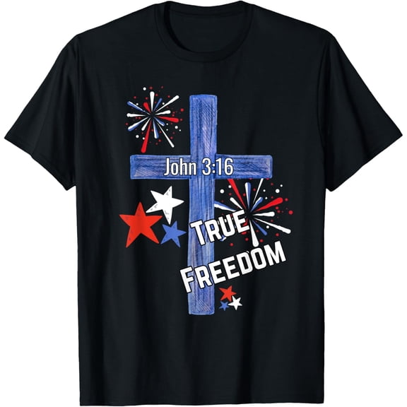 Christian Patriotic Cross T-Shirt John 3:16 True Freedom Graphic Tee for Men Women Retro Independence Day 4th of July Religious Apparel