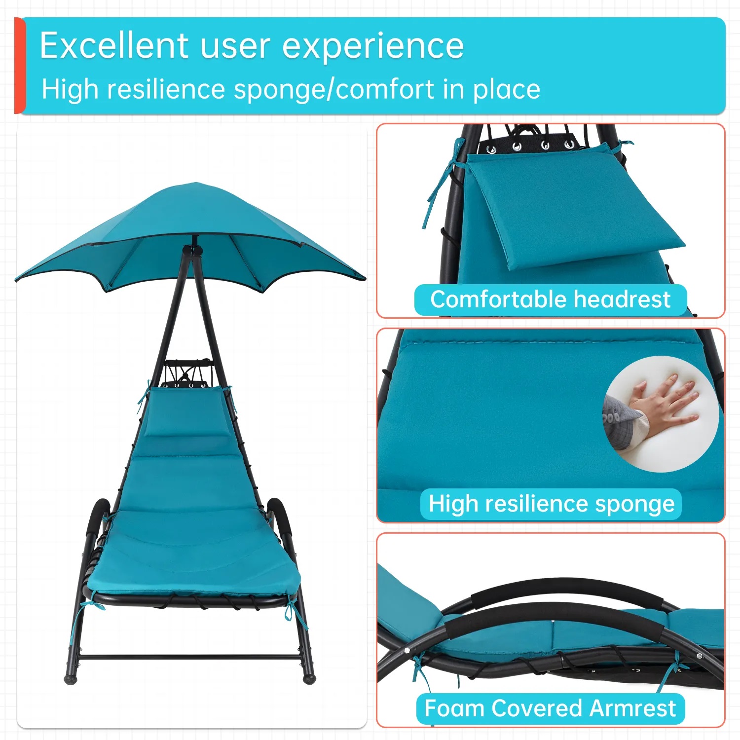 YRLLENSDAN Patio Swing Chair, Lounge Chair Outdoors with Waterproof Canopy Hammock Chair Patio Chair Arc Stand Removable Cushion and Headrest (Blue) - image 4 of 7