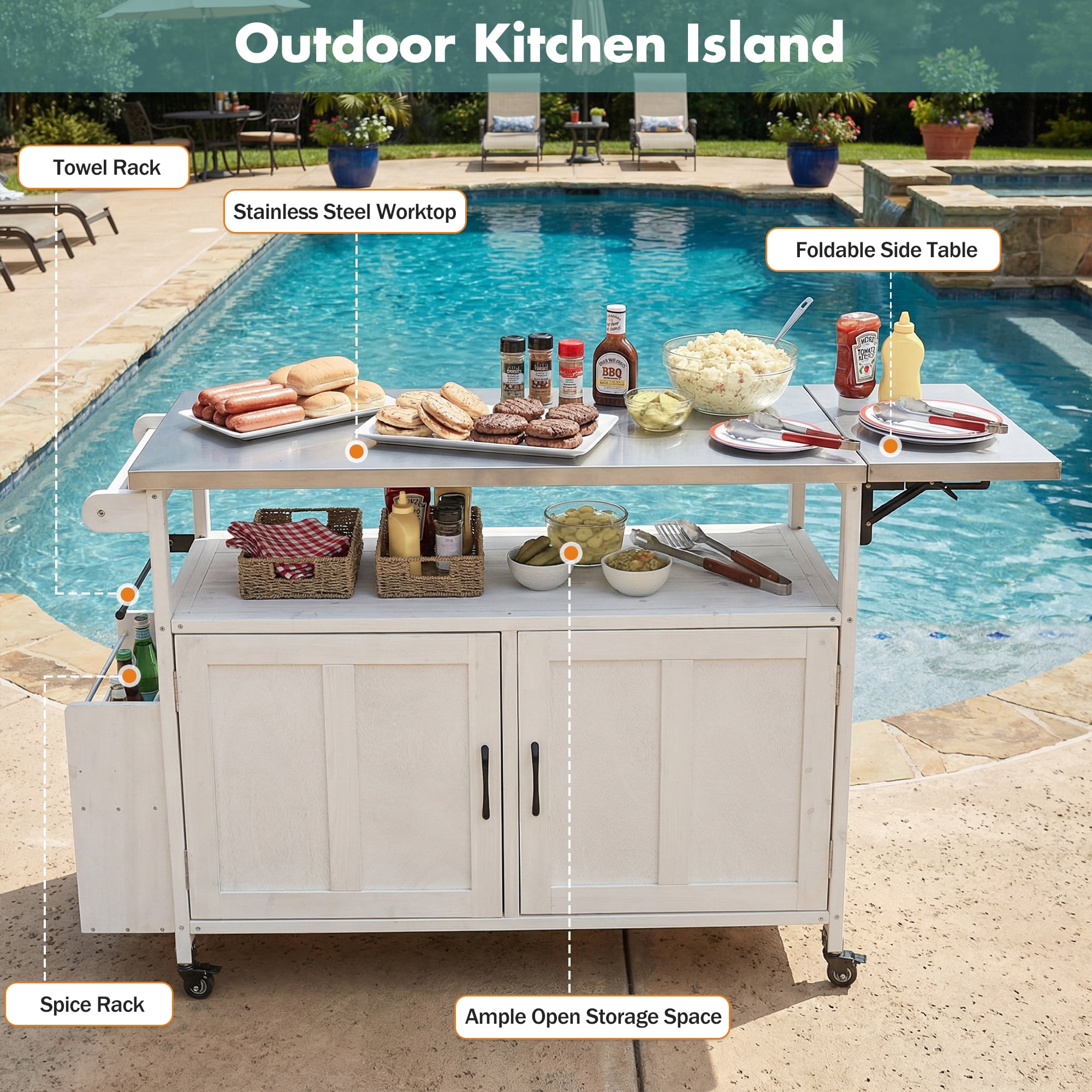 Mobile Cooking Island, Foldable Outdoor Patio Kitchen Cart, White