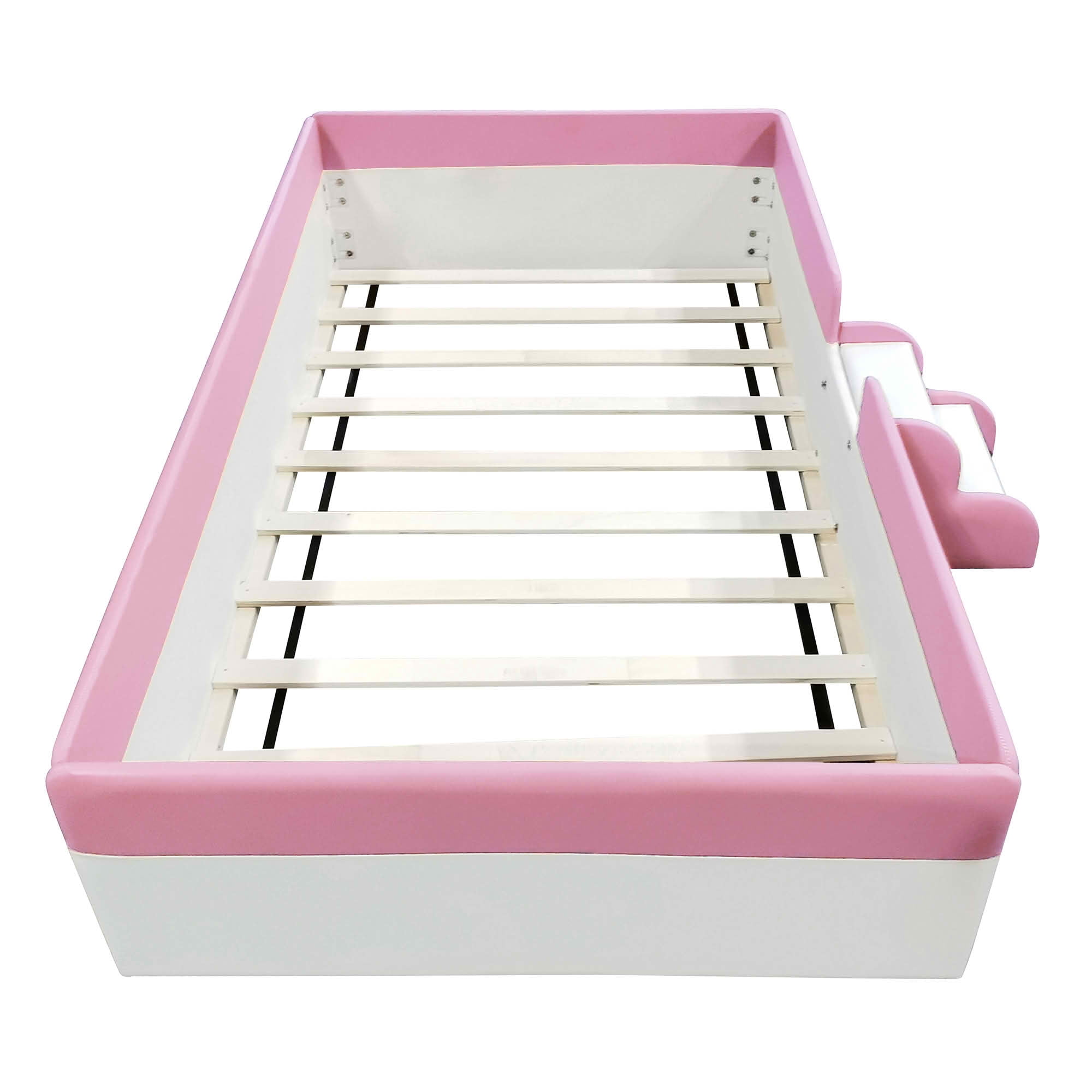 MAYEERTY Upholstered Floor Bed Frame with Fence & Staircase Design, Sturdy Slat Support & Easy Assembly