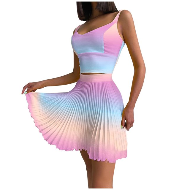 Mujeres Casual Verano Cuello Redondo Sin Mangas Tops Y Falda Conjunto De Dos Piezas Traje Wmkox8yi bvn3530