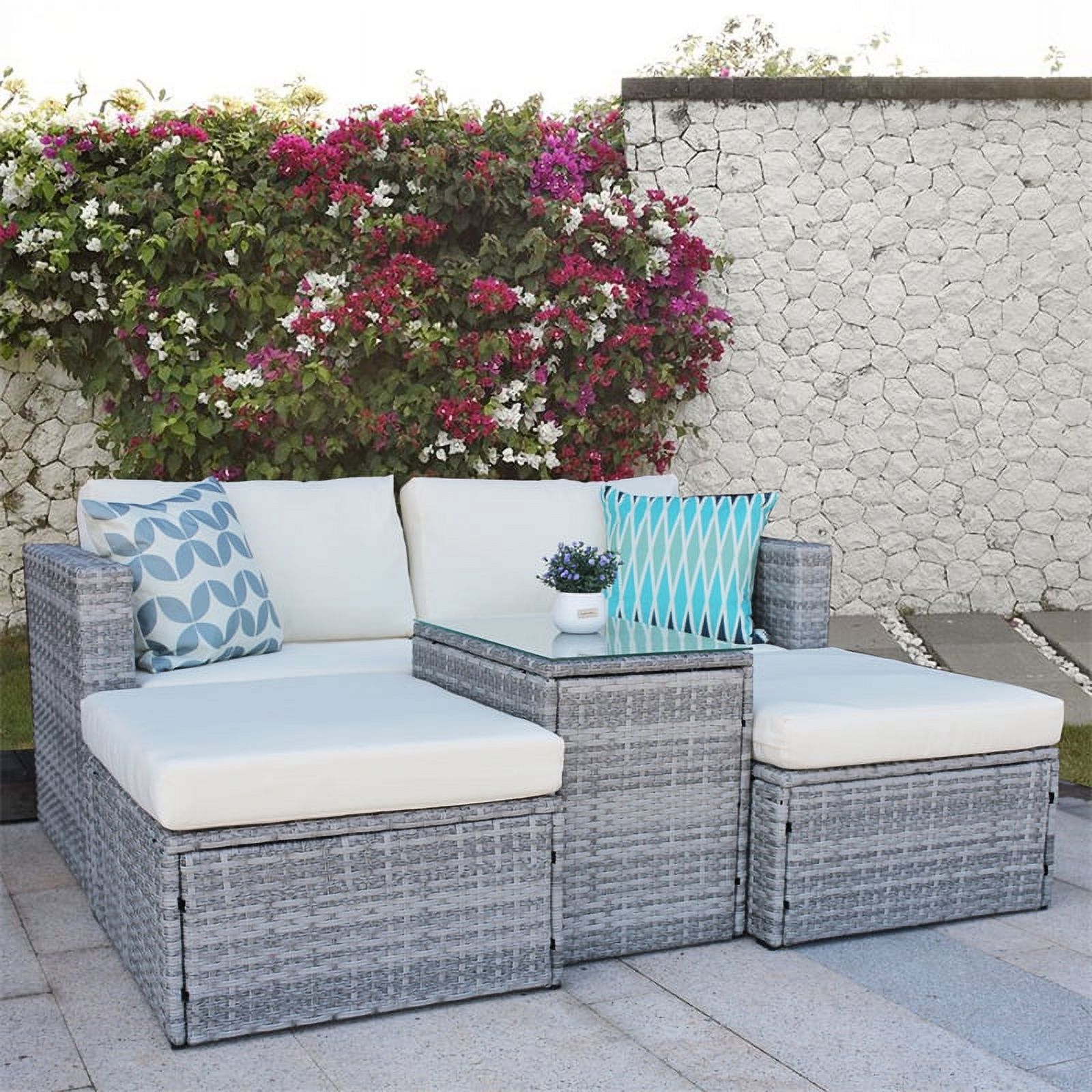 5 Pieces Outdoor Patio Sectional Sofa Set, Gray Rattan and Beige Cushion with Weather Protecting Cover, Patio Sofa Sets with 2 Rattan Chairs, 2 Pieces Patio Rattan Ottomans and Coffee Table - image 3 of 7