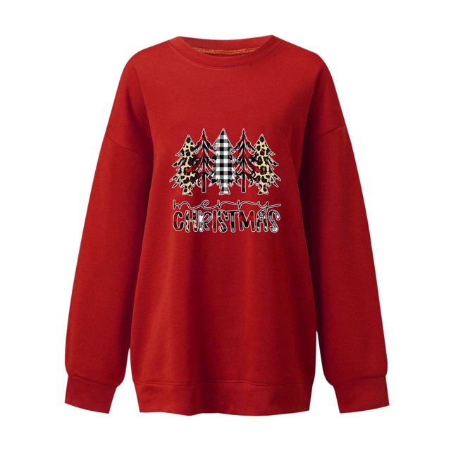 KIHOUT Chandail à Capuchon de Printemps et d'Hiver pour Femmes, Imprimé « Merry Noël », Manches Longues, Col Ras du Cou, Confortable, Chandails Surdimensionnés, Hauts Sans Capuchon