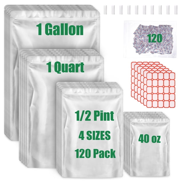 120 Mylar Bags for Food Storage with Oxygen Absorbers 120 x 300cc, Mylar Bags 9 Mil 1 Gallon, 1 Quart, 1/2 Pint, 40 Oz, Stand-Up