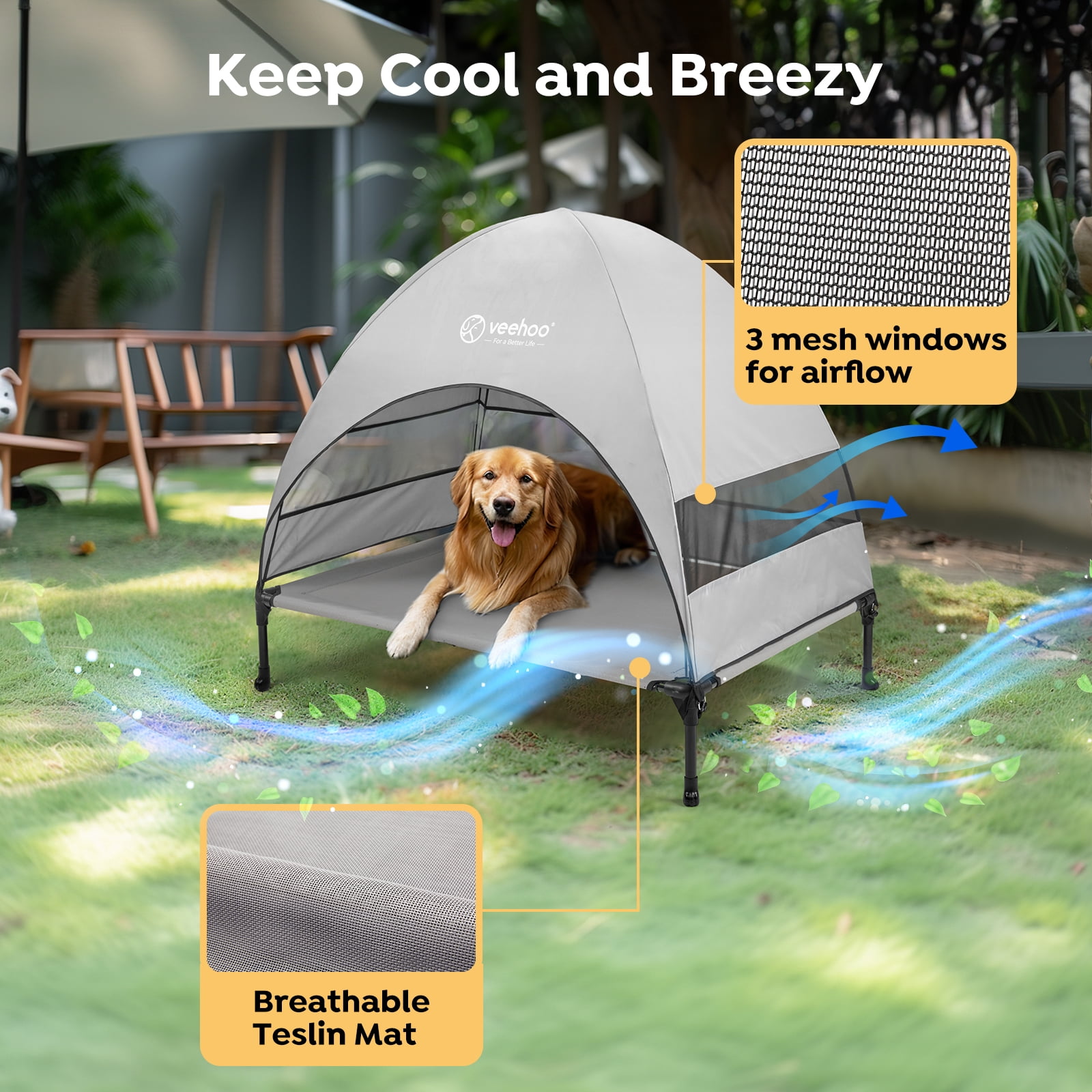 Veehoo Outdoor Dog Bed with Removable Canopy, Cooling Elevated Dog Cot Bed, Large, Grey