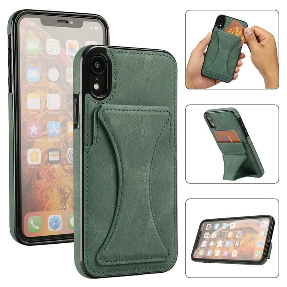 TOP SHE Case for Apple iPhone XR (6.1"), iPhone XR Case (6.1 Inch) - Synthetic Leather Protective Case with Card Slot / Kickstand, Slim Fit Lightweight Simple Fashion Cover (Green)