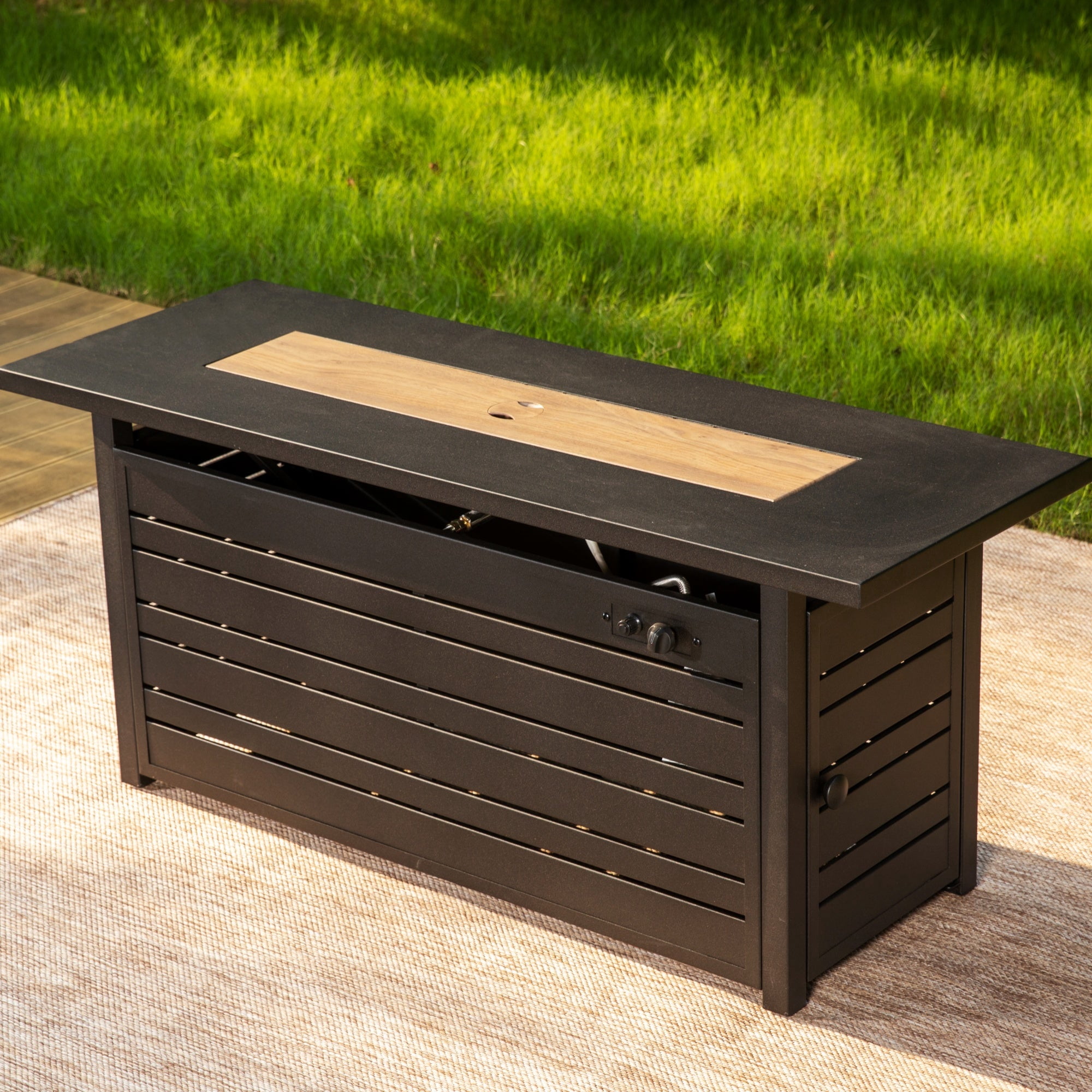 SUMMIT LIVING 56" Rectangular Propane Fire Pit Table, 50,000 BTU Gas Fire Pit with Lid and Blue Fire Glass, Black