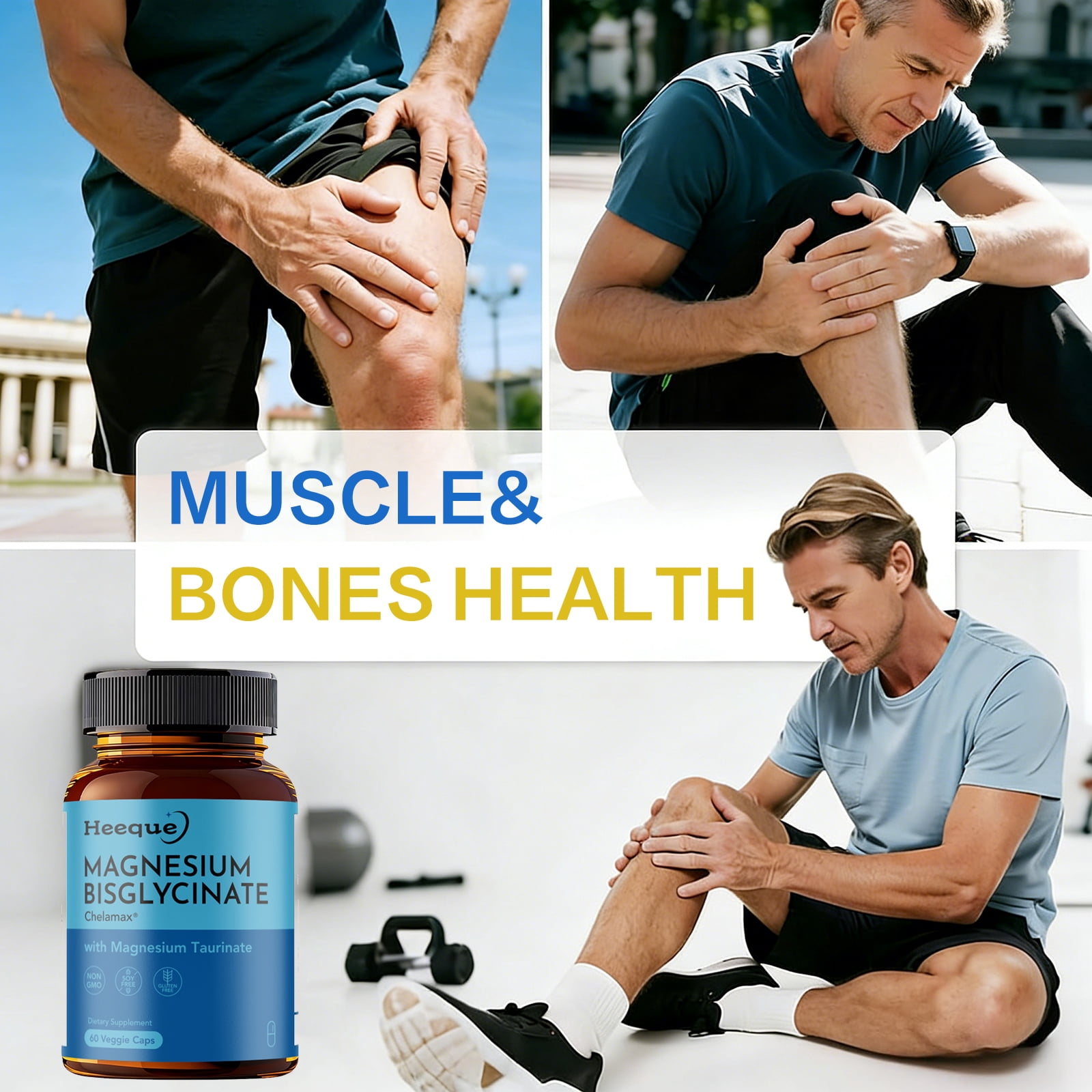 Heeque Magnesium Bisglycinate Chelate Capsules – 300mg Magnesium (Bisglycinate + Taurate) + L-Theanine + B6/B12 + Zinc, 7-in-1,Nerve Health, Muscle Relaxation, Sleep & Stress Relief，60 Vegan Caps