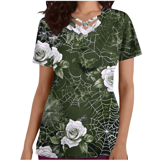 Tops Cortos para las Mujeres, Halloween Impreso en Cuello en V con Bolsillo, Moda Casual Manga Corta