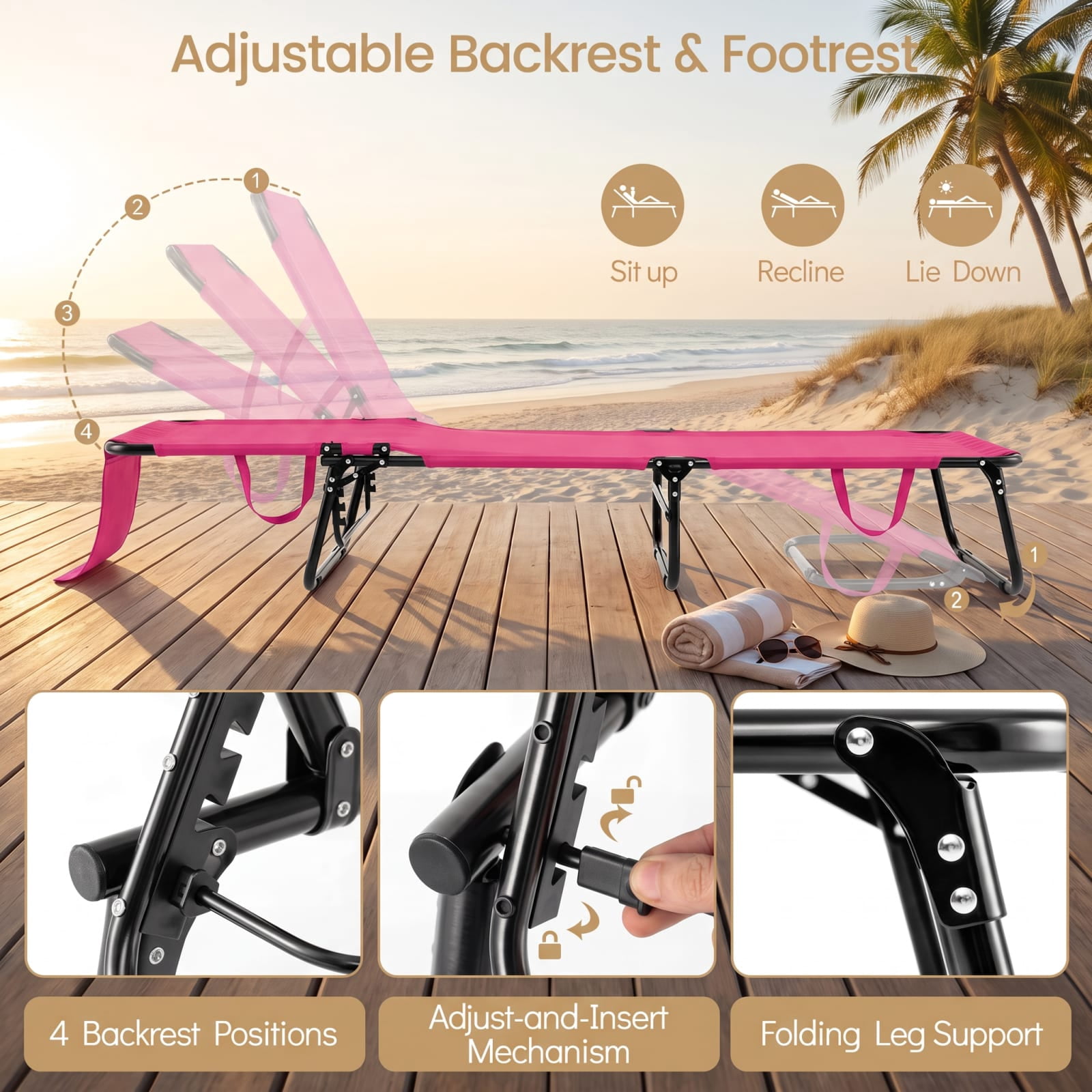 Furnibear Folding Patio Chair Solid Metal for Backyard Deck Garden Pink 330 lbs Capacity Weather-Resistant Outdoor Furniture