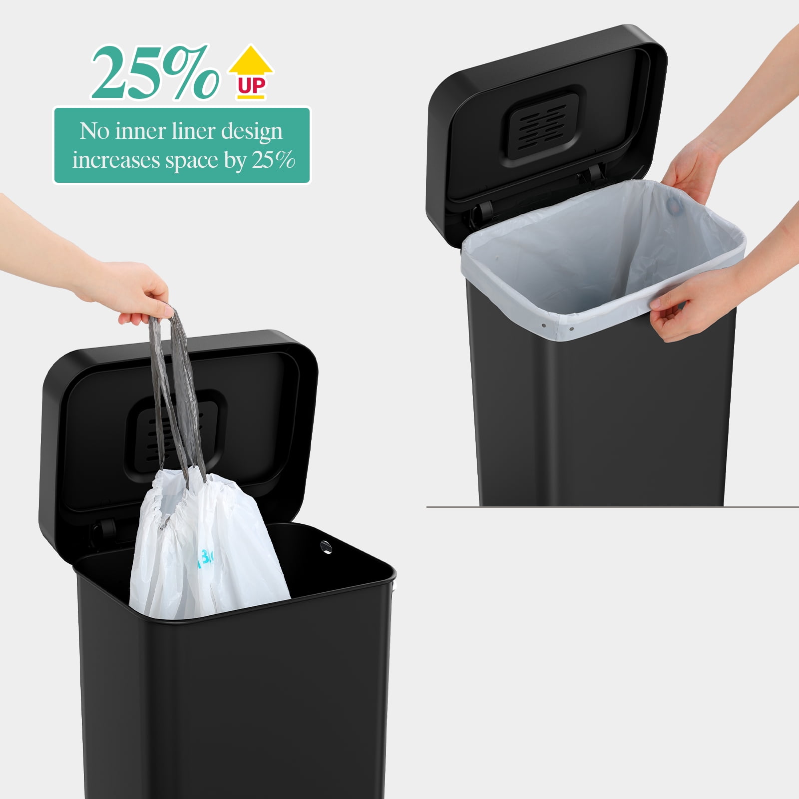 Pirecart 13.2 Gal Large Capacity Stainless Steel Trash Can, Soft Lid Pedal Rubbish Bin with Built-In Deodorizer Box, 15 Inner Bags and Rear Trash Bag Storage Compartment, Black