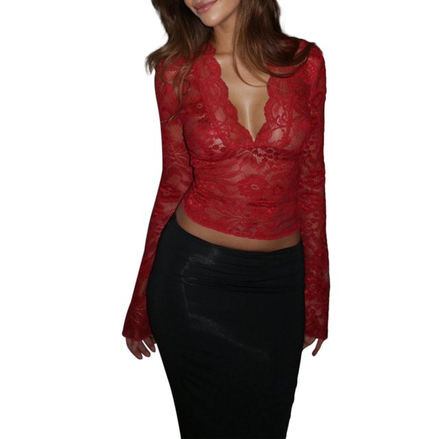 Top corto Miqil para mujer, encaje Y2K, manga larga, estampado floral transparente