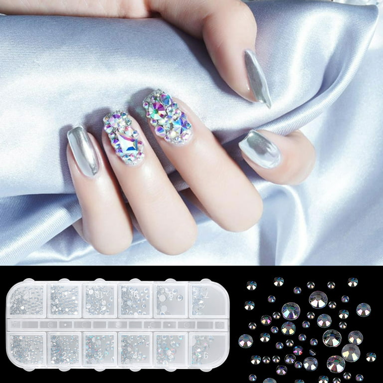 1000pcs Clear Nail Stones and Gems,12 Mixed Crystals Glass Nail Art  Rhinestones, Flat Back Round Beads with Storage Organizer Box for Crafts,  Face